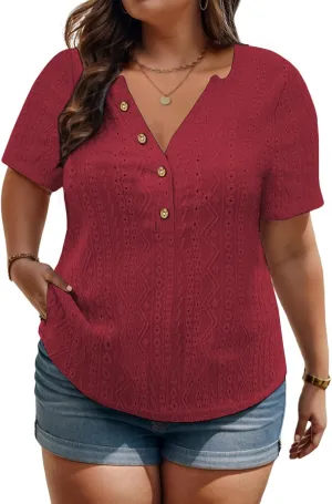 VISLILY Plus-Size-Summer-Tops for Women Henley V Neck T Shirts Short Sleeve Buttons Up Tunics Dressy Eyelet Blouses