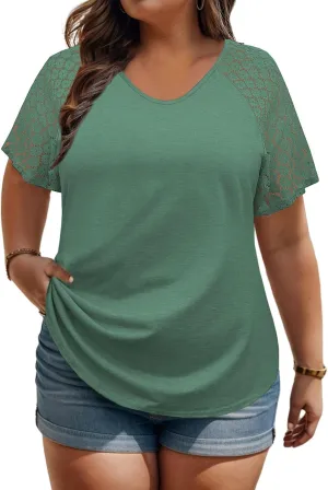 VISLILY Plus-Size-Womens-Summer-Tops Casual V-Neck T Shirts Raglan Lace Dotted Short Sleeve Tunics Cute Trendy Blouses XL-5XL