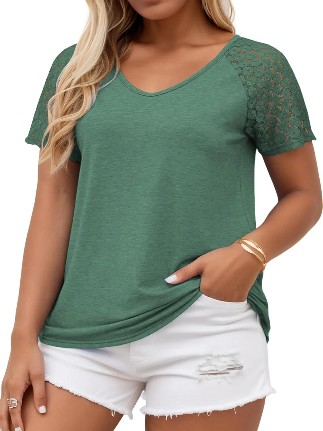 VISLILY Plus-Size-Womens-Summer-Tops Casual V-Neck T Shirts Raglan Lace Dotted Short Sleeve Tunics Cute Trendy Blouses XL-5XL