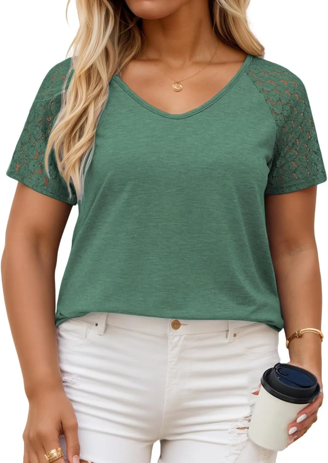 VISLILY Plus-Size-Womens-Summer-Tops Casual V-Neck T Shirts Raglan Lace Dotted Short Sleeve Tunics Cute Trendy Blouses XL-5XL