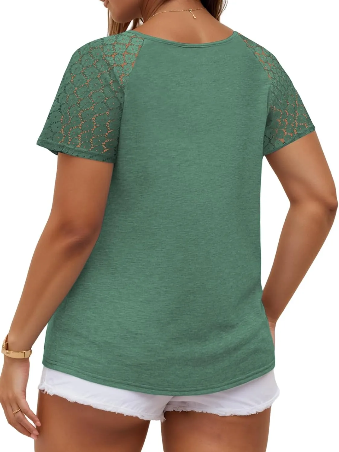 VISLILY Plus-Size-Womens-Summer-Tops Casual V-Neck T Shirts Raglan Lace Dotted Short Sleeve Tunics Cute Trendy Blouses XL-5XL