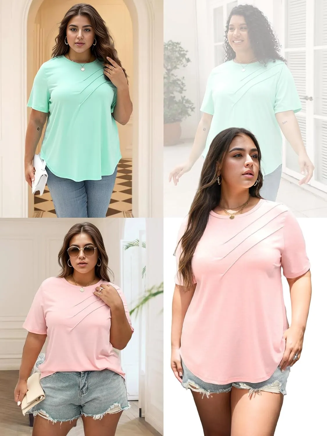 VISLILY Plus-Size-Womens-Tops Casual Short Sleeve T Shirts Summer Round Neck Tees Fashion Comfy Pleated Tunics XL-5XL