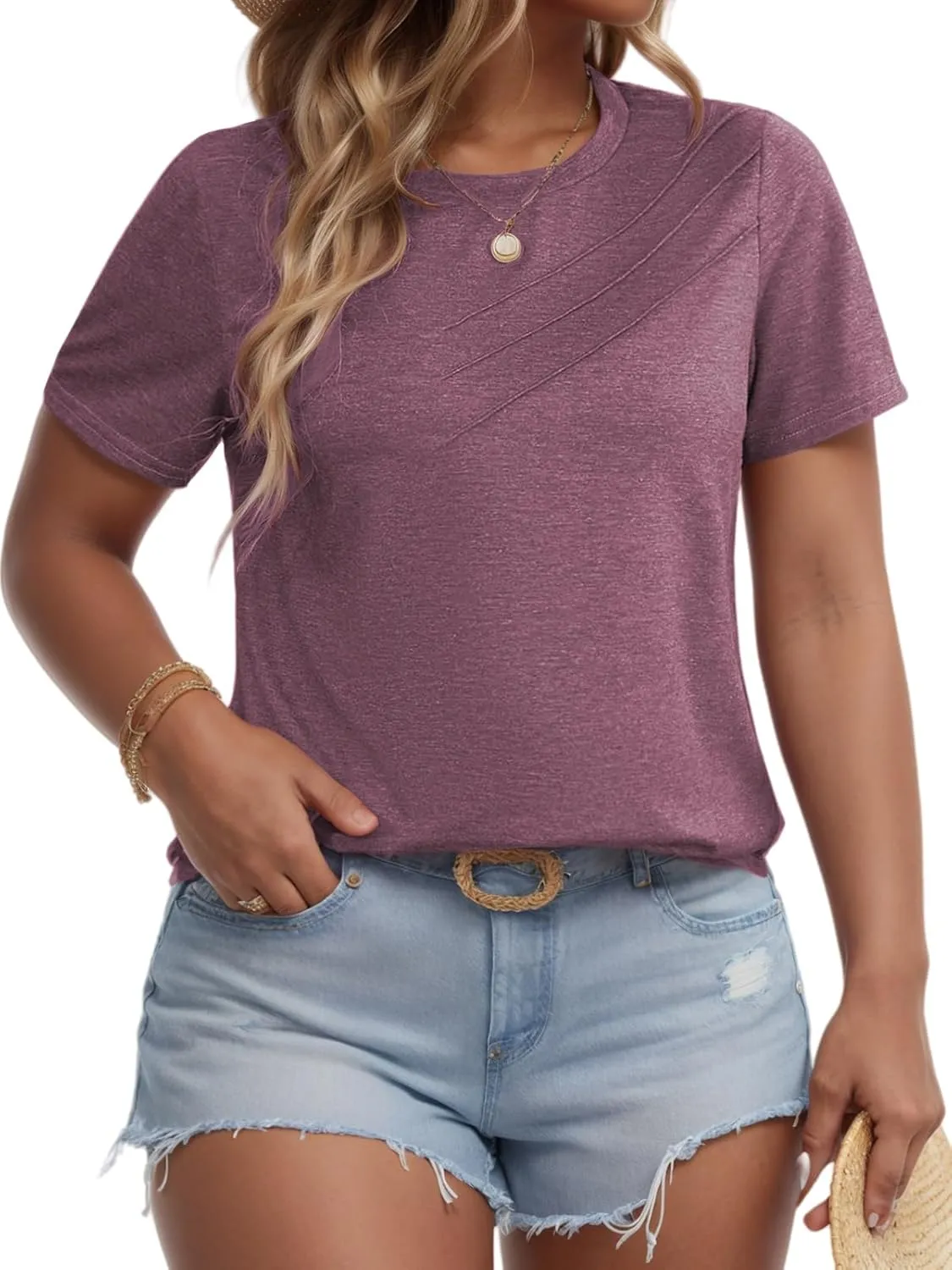 VISLILY Plus-Size-Womens-Tops Casual Short Sleeve T Shirts Summer Round Neck Tees Fashion Comfy Pleated Tunics XL-5XL