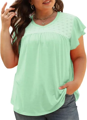 VISLILY Plus-Size-Womens-Tops-Summer V-Neck T Shirts Ruffle Cap Sleeve Blouses Pleated Tunics Casual Eyelet Tee