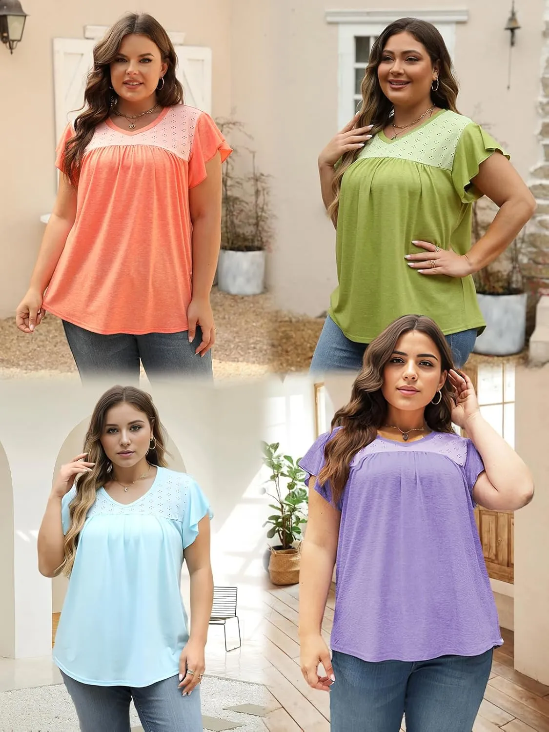 VISLILY Plus-Size-Womens-Tops-Summer V-Neck T Shirts Ruffle Cap Sleeve Blouses Pleated Tunics Casual Eyelet Tee