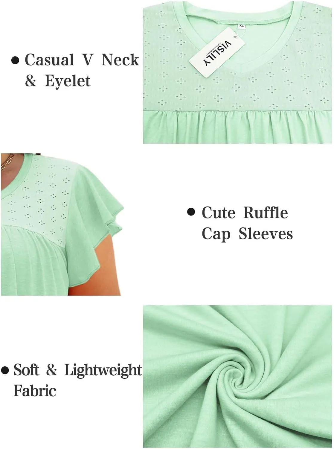 VISLILY Plus-Size-Womens-Tops-Summer V-Neck T Shirts Ruffle Cap Sleeve Blouses Pleated Tunics Casual Eyelet Tee