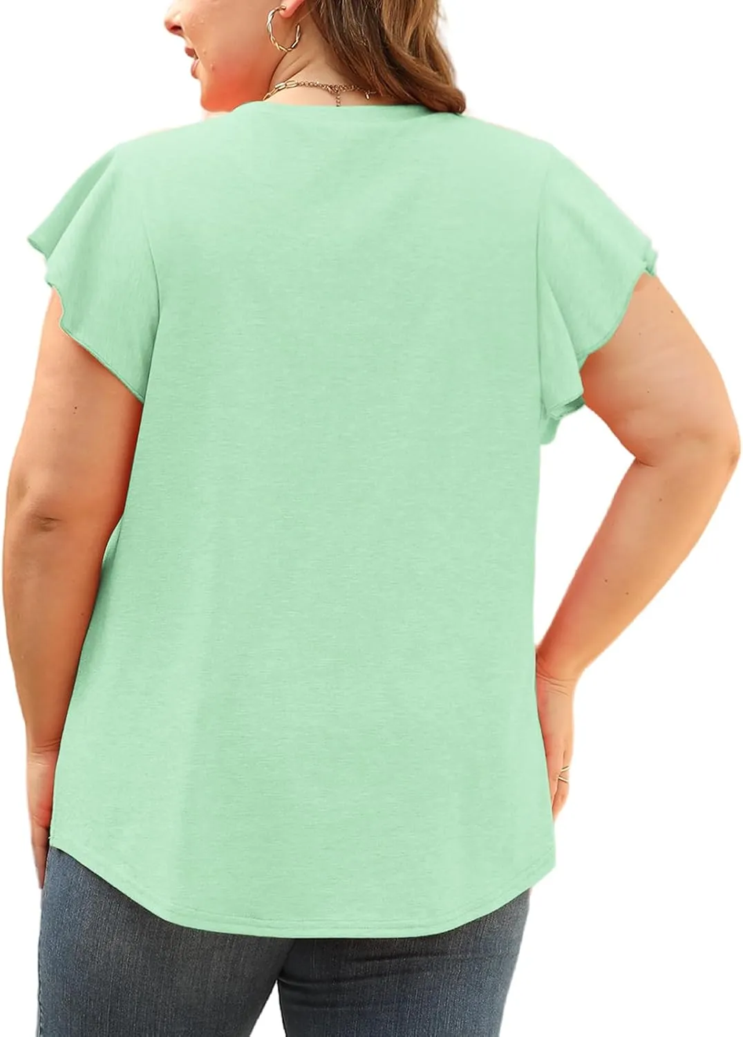 VISLILY Plus-Size-Womens-Tops-Summer V-Neck T Shirts Ruffle Cap Sleeve Blouses Pleated Tunics Casual Eyelet Tee