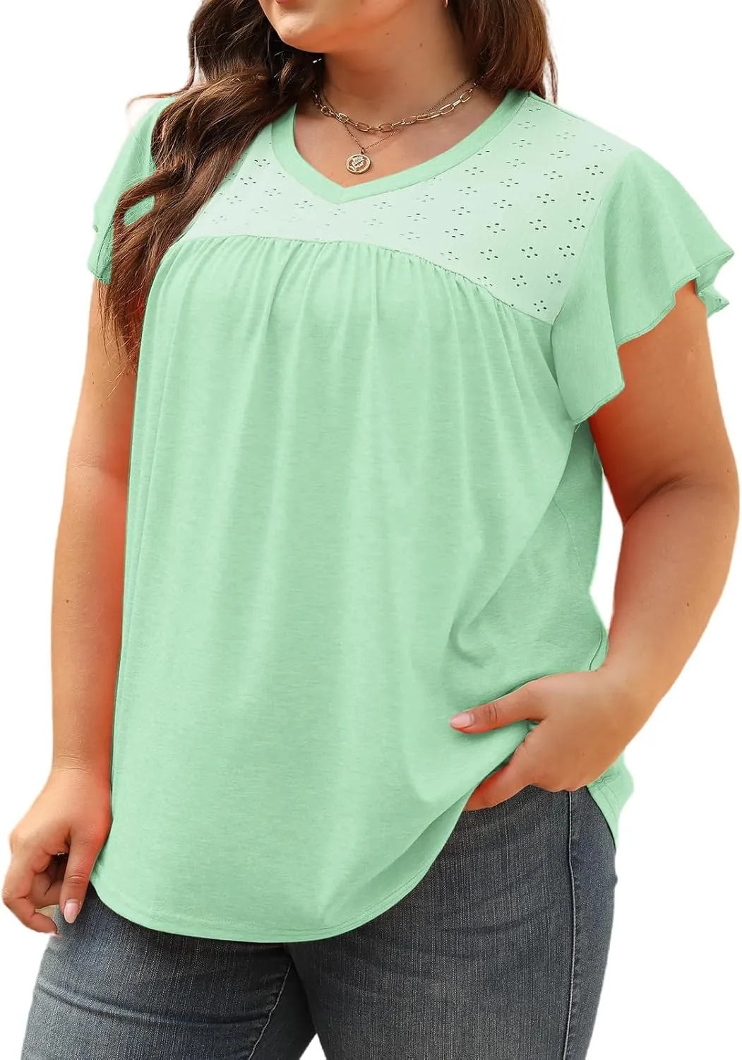 VISLILY Plus-Size-Womens-Tops-Summer V-Neck T Shirts Ruffle Cap Sleeve Blouses Pleated Tunics Casual Eyelet Tee