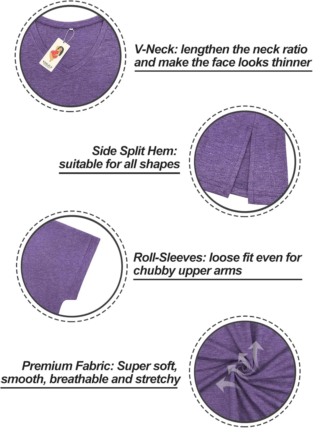VISLILY Plus-Size-Womens-Tops V Neck Roll Sleeve T Shirts Summer Side Split Tee