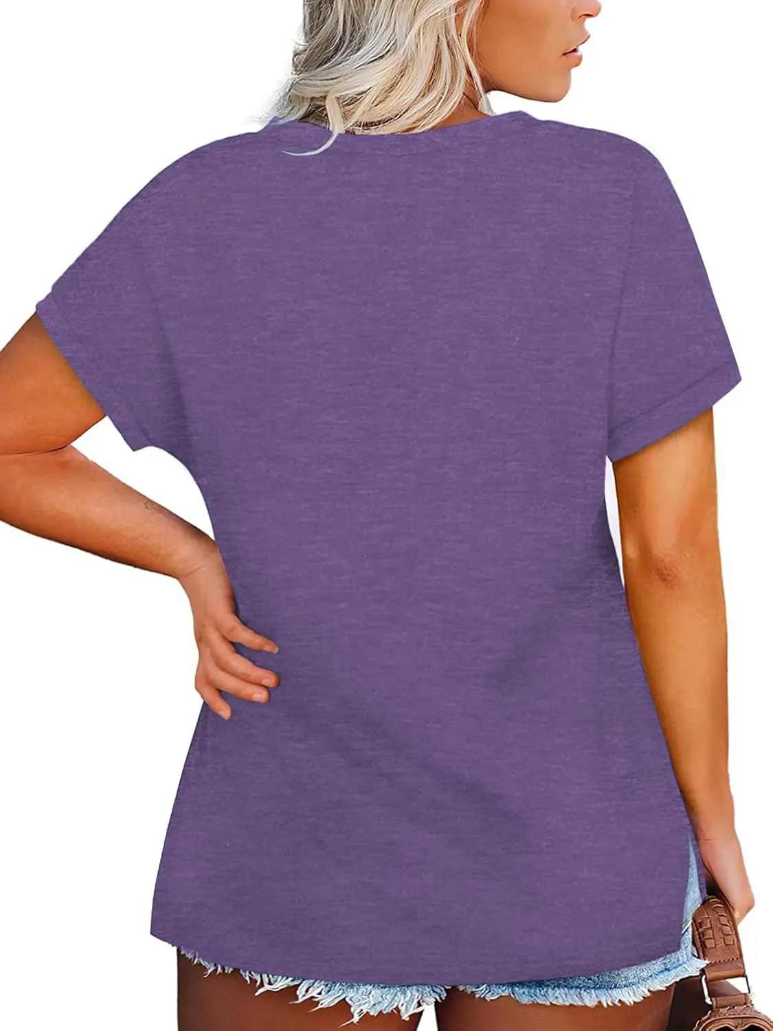 VISLILY Plus-Size-Womens-Tops V Neck Roll Sleeve T Shirts Summer Side Split Tee