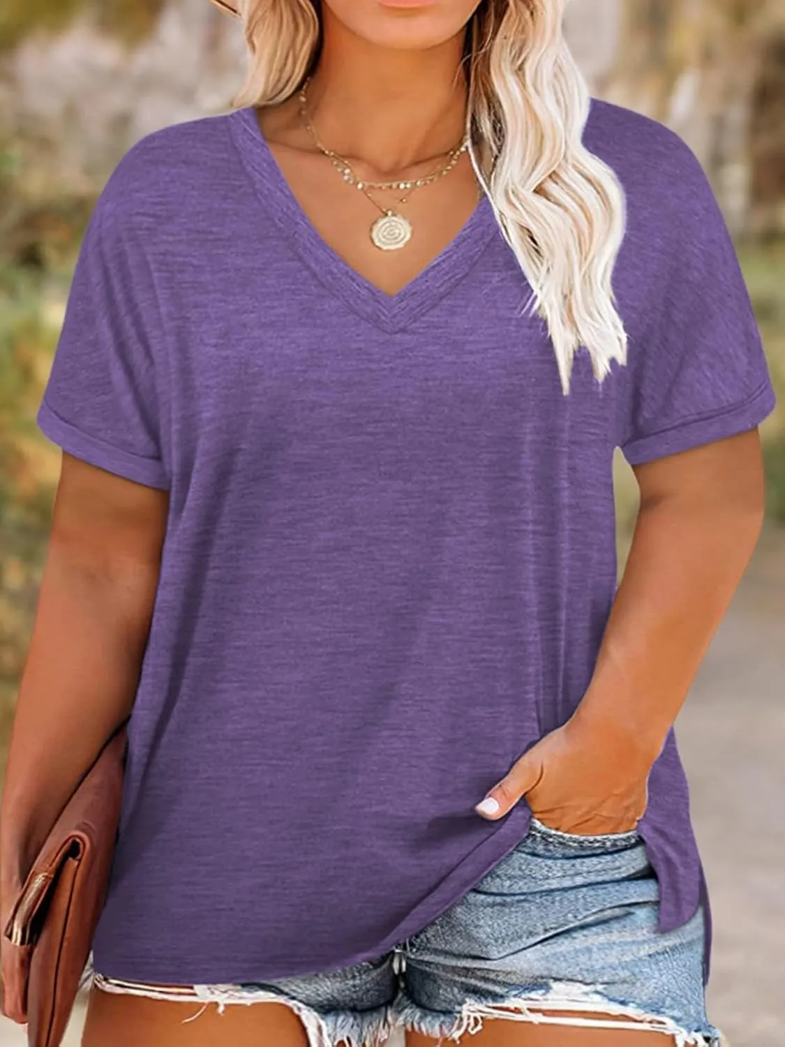 VISLILY Plus-Size-Womens-Tops V Neck Roll Sleeve T Shirts Summer Side Split Tee
