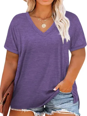 VISLILY Plus-Size-Womens-Tops V Neck Roll Sleeve T Shirts Summer Side Split Tee