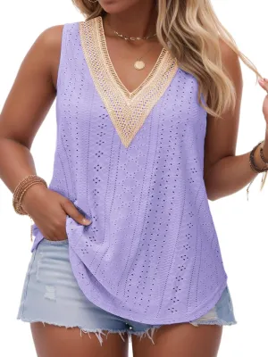 VISLILY Women's-Plus-Size-Summer-Tank-Tops Lace Trim Deep V Neck Shirts Cute Sleeveless Tunics Trendy Eyelet Blouses XL-5XL