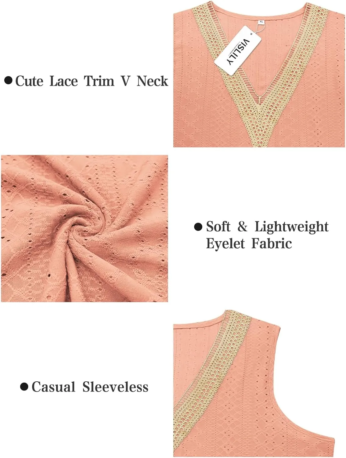 VISLILY Women's-Plus-Size-Summer-Tank-Tops Lace Trim Deep V Neck Shirts Cute Sleeveless Tunics Trendy Eyelet Blouses XL-5XL