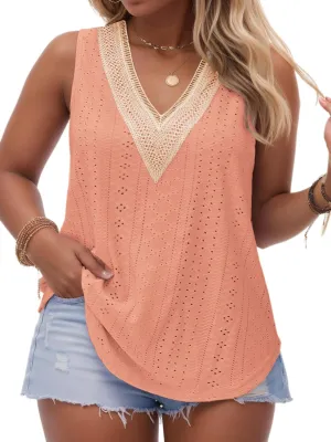 VISLILY Women's-Plus-Size-Summer-Tank-Tops Lace Trim Deep V Neck Shirts Cute Sleeveless Tunics Trendy Eyelet Blouses XL-5XL