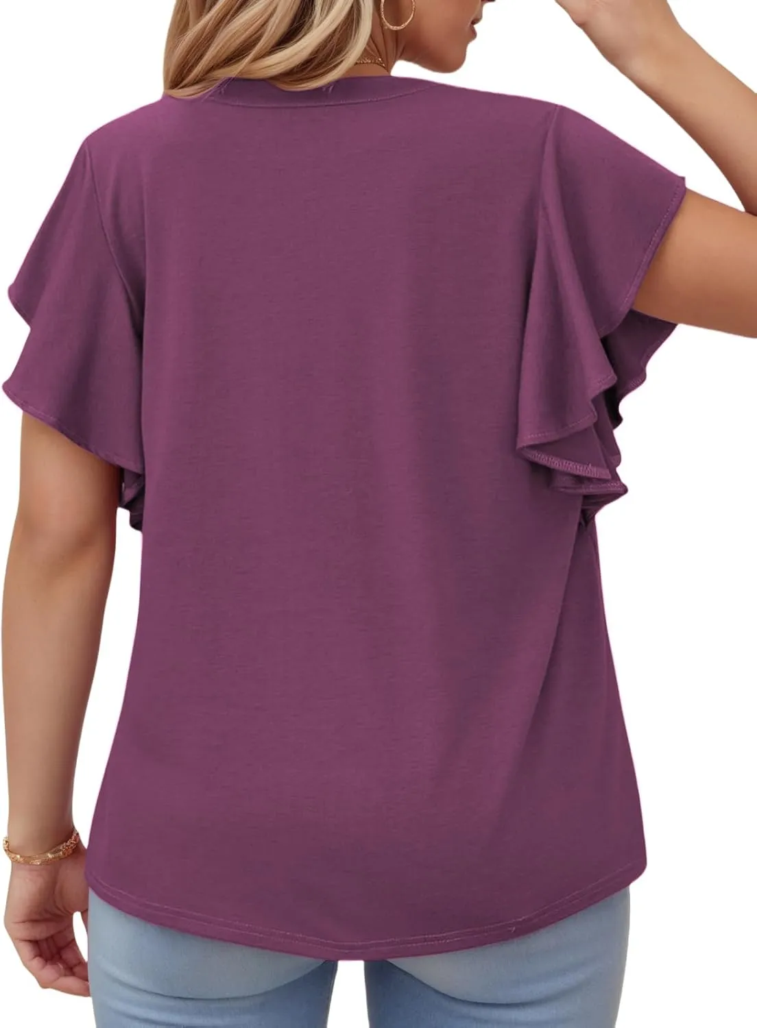 VISLILY Womens-Plus-Size-Summer-Tops Flowy Ruffle Short Sleeve T Shirts Cute Notched V Neck Tunics Casual Blouses Tee XL-5XL