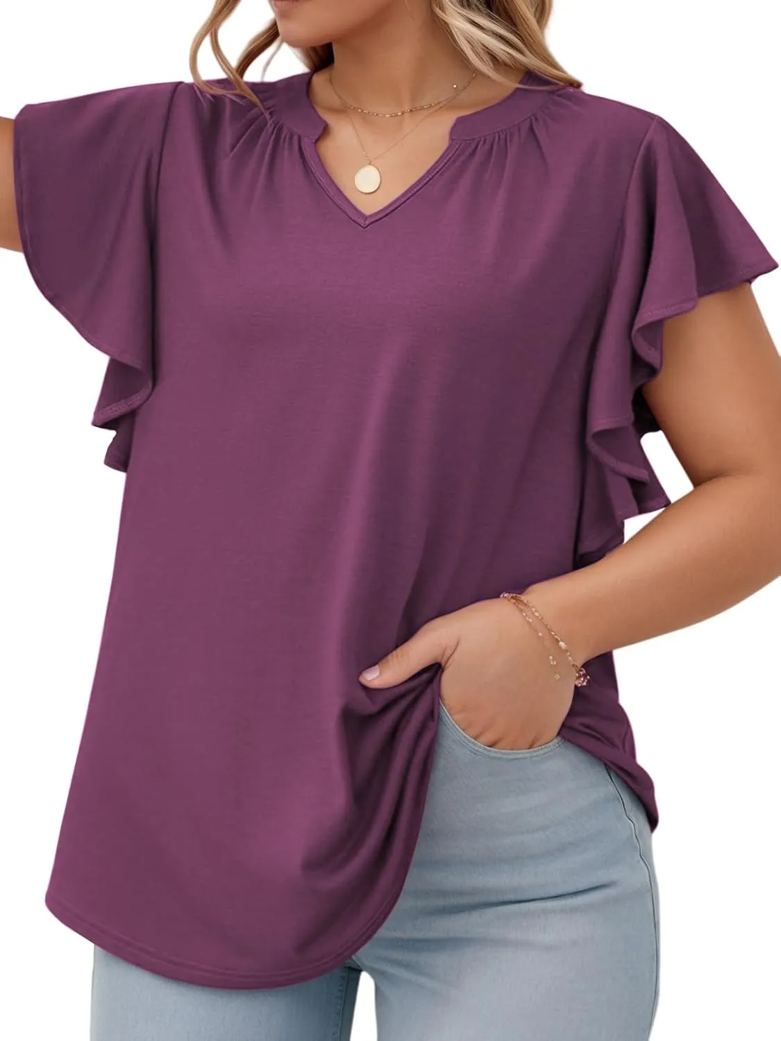 VISLILY Womens-Plus-Size-Summer-Tops Flowy Ruffle Short Sleeve T Shirts Cute Notched V Neck Tunics Casual Blouses Tee XL-5XL