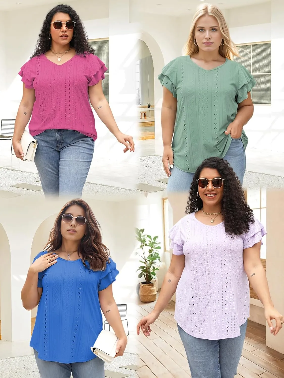 VISLILY Womens-Plus-Size-Summer-Tops Ruffle Short Sleeve T Shirts Trendy V Neck Tunics Casual Loose Eyelet Blouses Tee XL-5XL