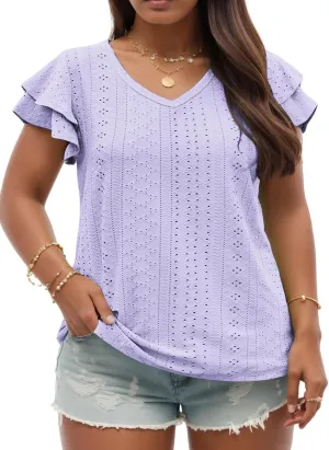 VISLILY Womens-Plus-Size-Summer-Tops Ruffle Short Sleeve T Shirts Trendy V Neck Tunics Casual Loose Eyelet Blouses Tee XL-5XL