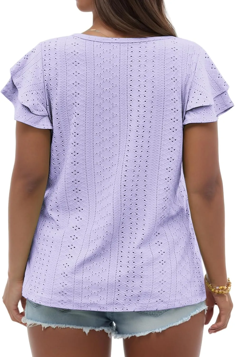 VISLILY Womens-Plus-Size-Summer-Tops Ruffle Short Sleeve T Shirts Trendy V Neck Tunics Casual Loose Eyelet Blouses Tee XL-5XL