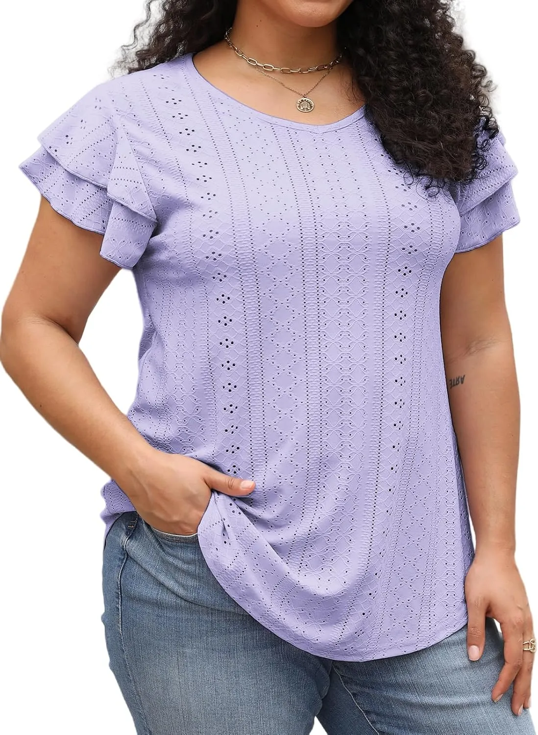 VISLILY Womens-Plus-Size-Summer-Tops Ruffle Short Sleeve T Shirts Trendy V Neck Tunics Casual Loose Eyelet Blouses Tee XL-5XL