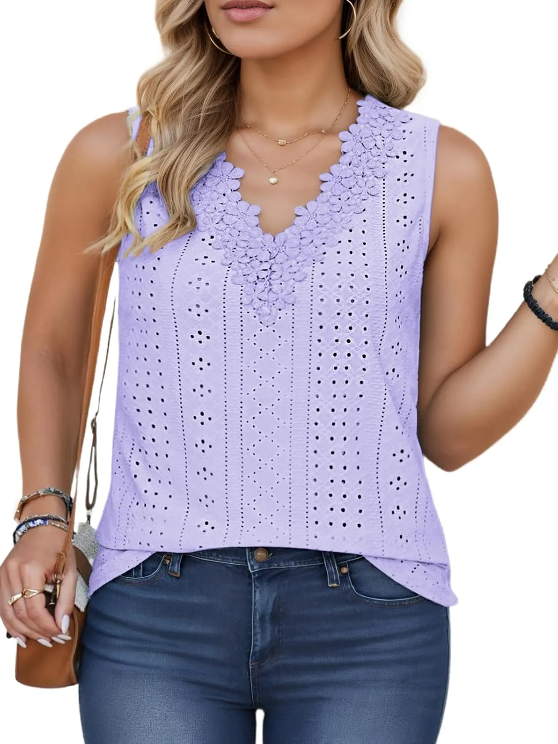 VISLILY Womens-Plus-Size-Tank-Tops Summer Floral Lace Trim V Neck Shirts Casual Sleeveless Blouses Cute Eyelet Tunics XL-5XL