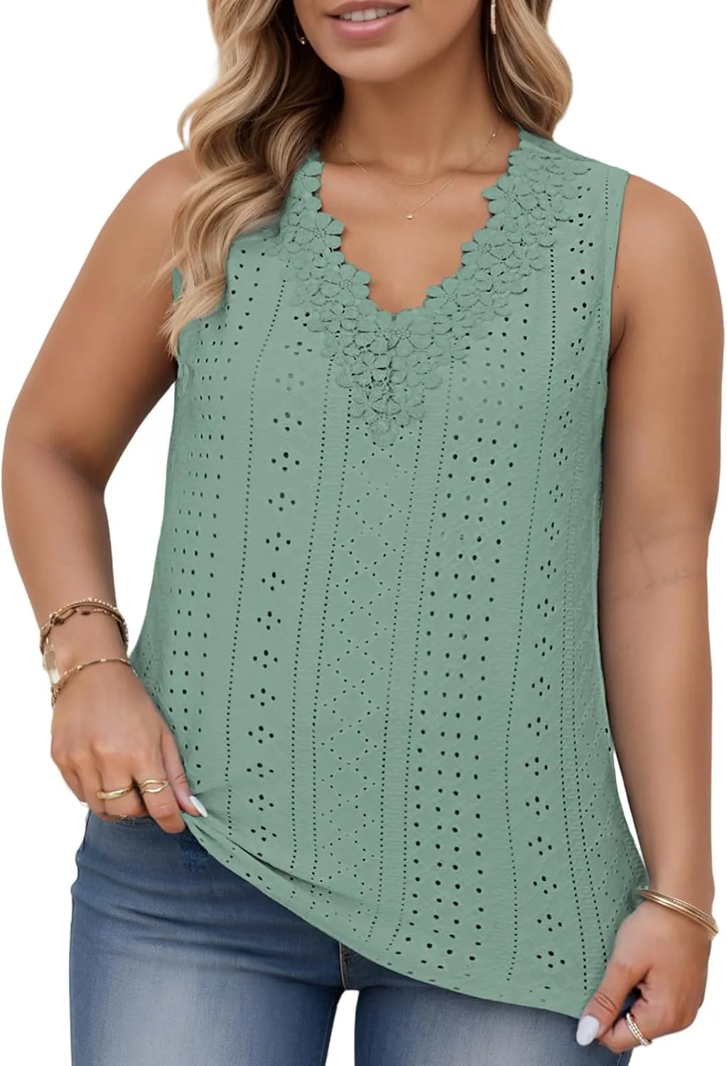 VISLILY Womens-Plus-Size-Tank-Tops Summer Floral Lace Trim V Neck Shirts Casual Sleeveless Blouses Cute Eyelet Tunics XL-5XL