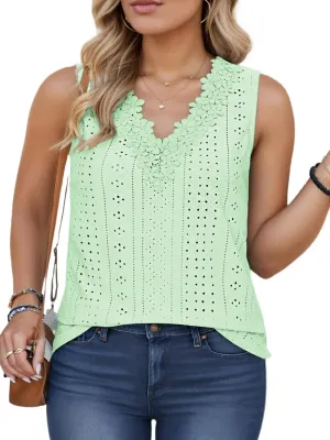 VISLILY Womens-Plus-Size-Tank-Tops Summer Floral Lace Trim V Neck Shirts Casual Sleeveless Blouses Cute Eyelet Tunics XL-5XL
