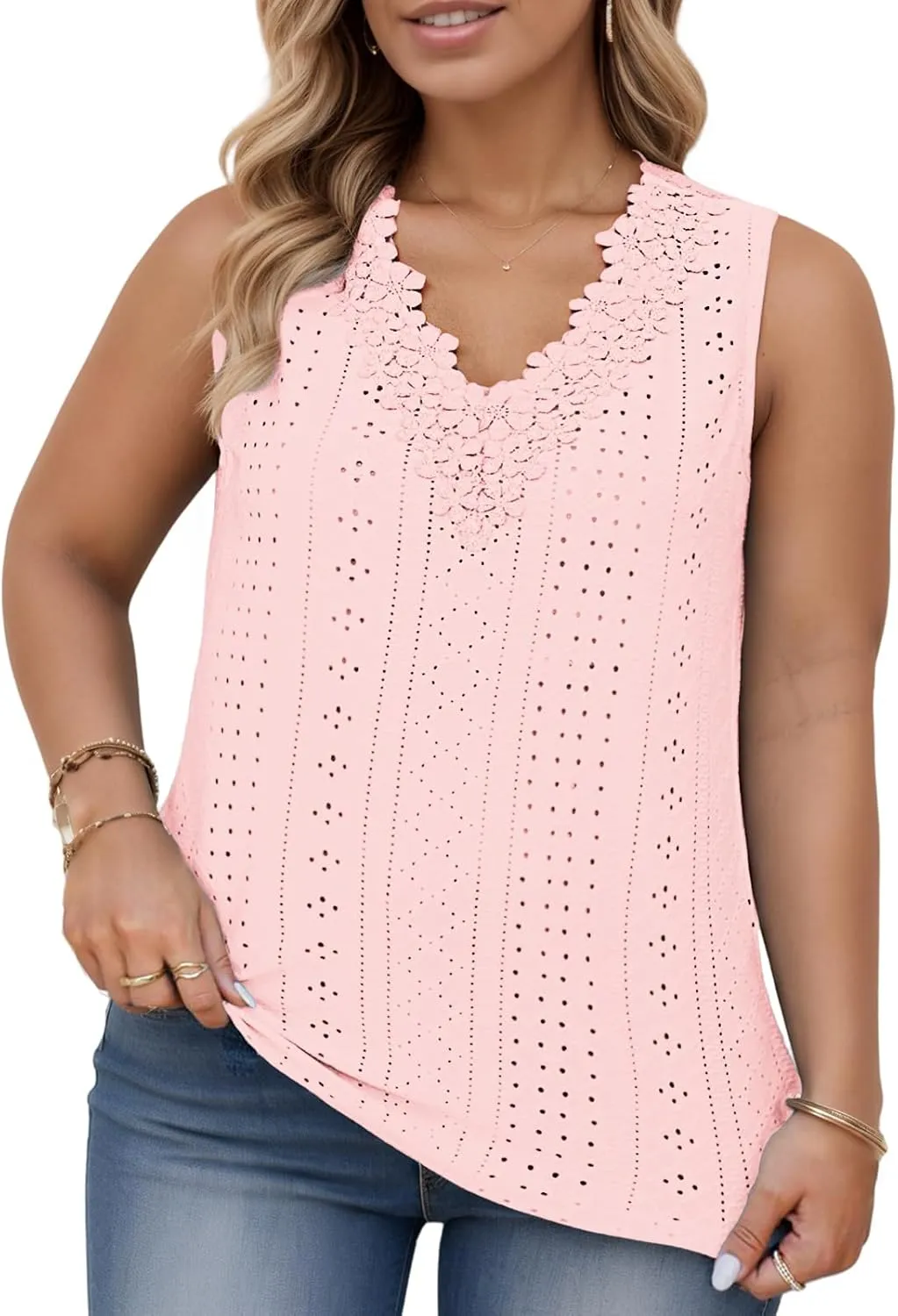 VISLILY Womens-Plus-Size-Tank-Tops Summer Floral Lace Trim V Neck Shirts Casual Sleeveless Blouses Cute Eyelet Tunics XL-5XL