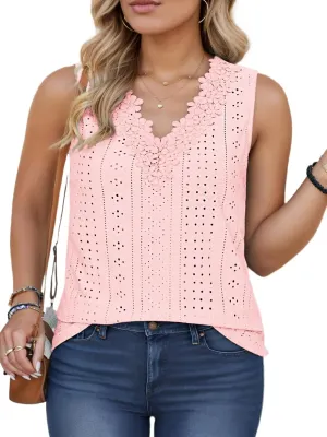VISLILY Womens-Plus-Size-Tank-Tops Summer Floral Lace Trim V Neck Shirts Casual Sleeveless Blouses Cute Eyelet Tunics XL-5XL