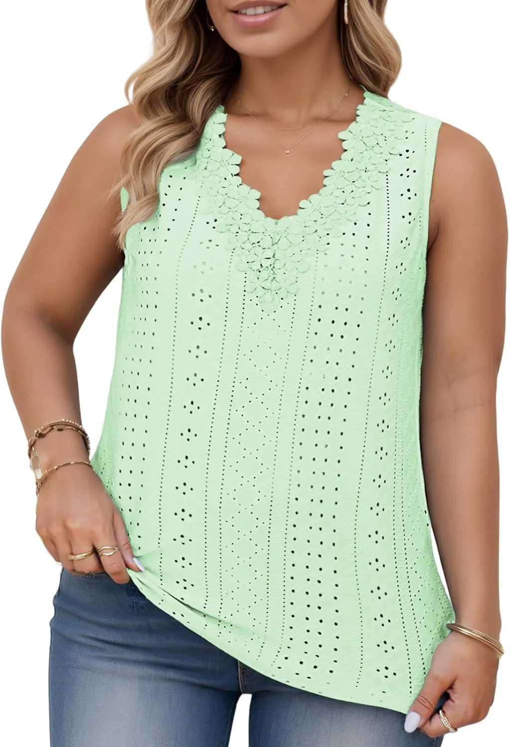 VISLILY Womens-Plus-Size-Tank-Tops Summer Floral Lace Trim V Neck Shirts Casual Sleeveless Blouses Cute Eyelet Tunics XL-5XL