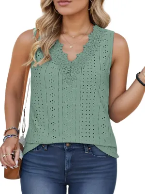VISLILY Womens-Plus-Size-Tank-Tops Summer Floral Lace Trim V Neck Shirts Casual Sleeveless Blouses Cute Eyelet Tunics XL-5XL