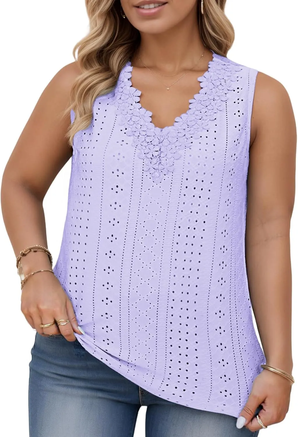 VISLILY Womens-Plus-Size-Tank-Tops Summer Floral Lace Trim V Neck Shirts Casual Sleeveless Blouses Cute Eyelet Tunics XL-5XL