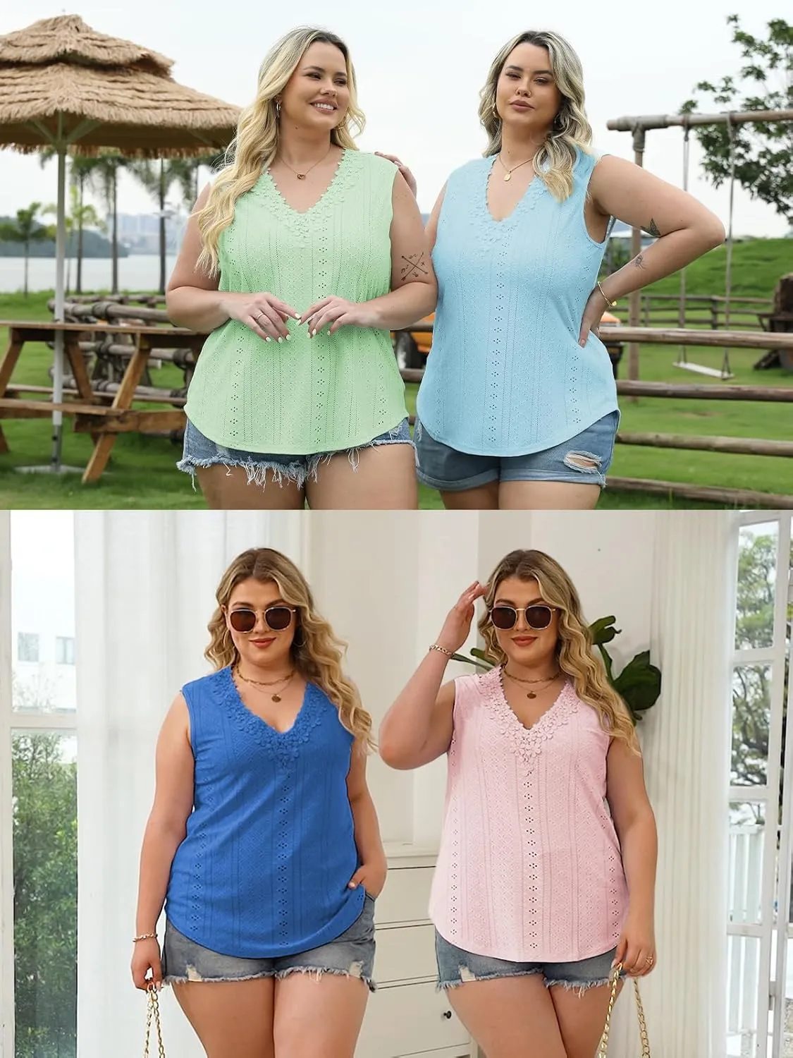 VISLILY Womens-Plus-Size-Tank-Tops Summer Floral Lace Trim V Neck Shirts Casual Sleeveless Blouses Cute Eyelet Tunics XL-5XL