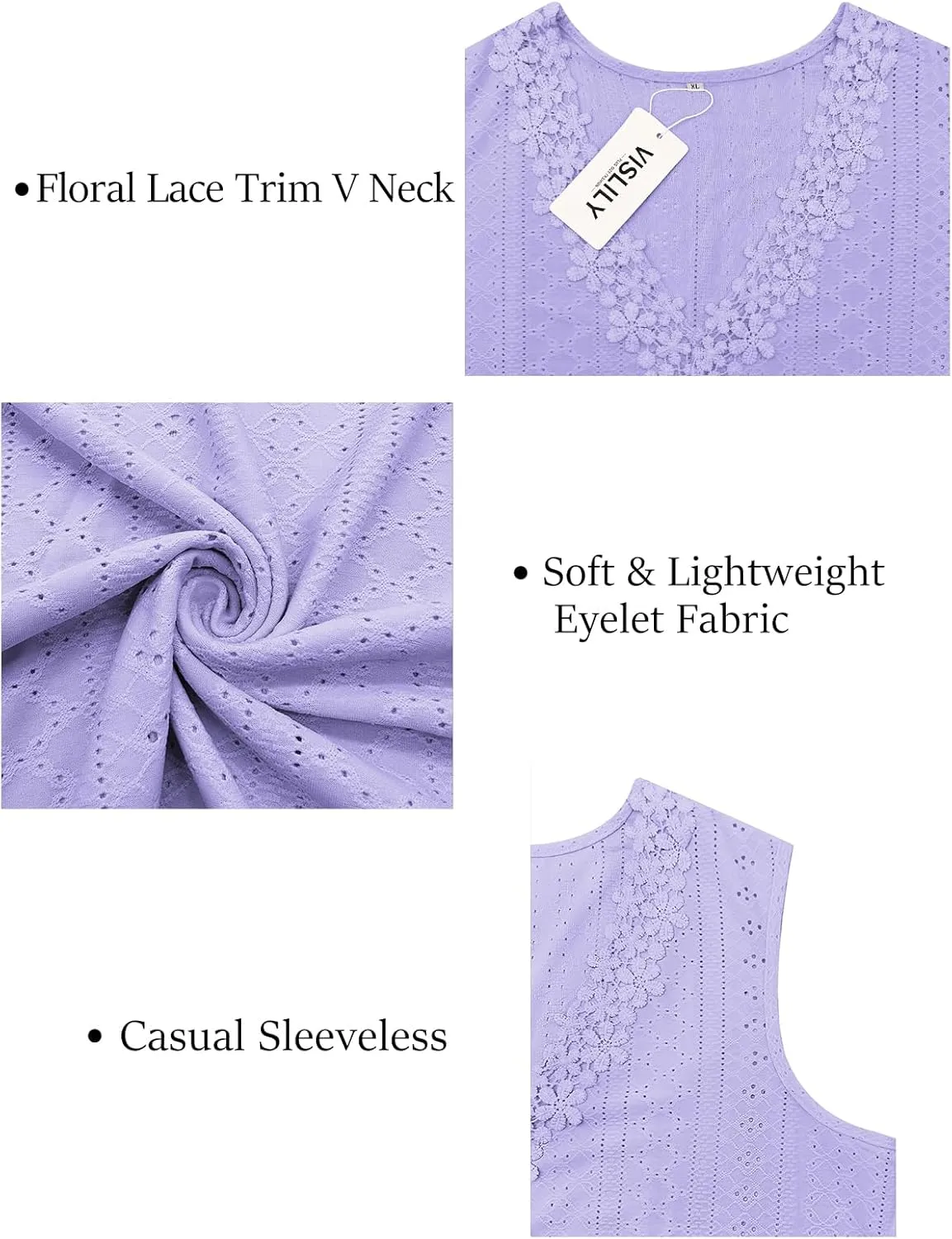 VISLILY Womens-Plus-Size-Tank-Tops Summer Floral Lace Trim V Neck Shirts Casual Sleeveless Blouses Cute Eyelet Tunics XL-5XL