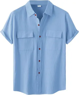 Wankang Mens Casual Button-Down Shirts Short Sleeve Linen Collared Pockets T-Shirts Summer Beach Hawaiian T Shirt for Men