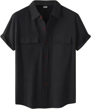 Wankang Mens Casual Button-Down Shirts Short Sleeve Linen Collared Pockets T-Shirts Summer Beach Hawaiian T Shirt for Men