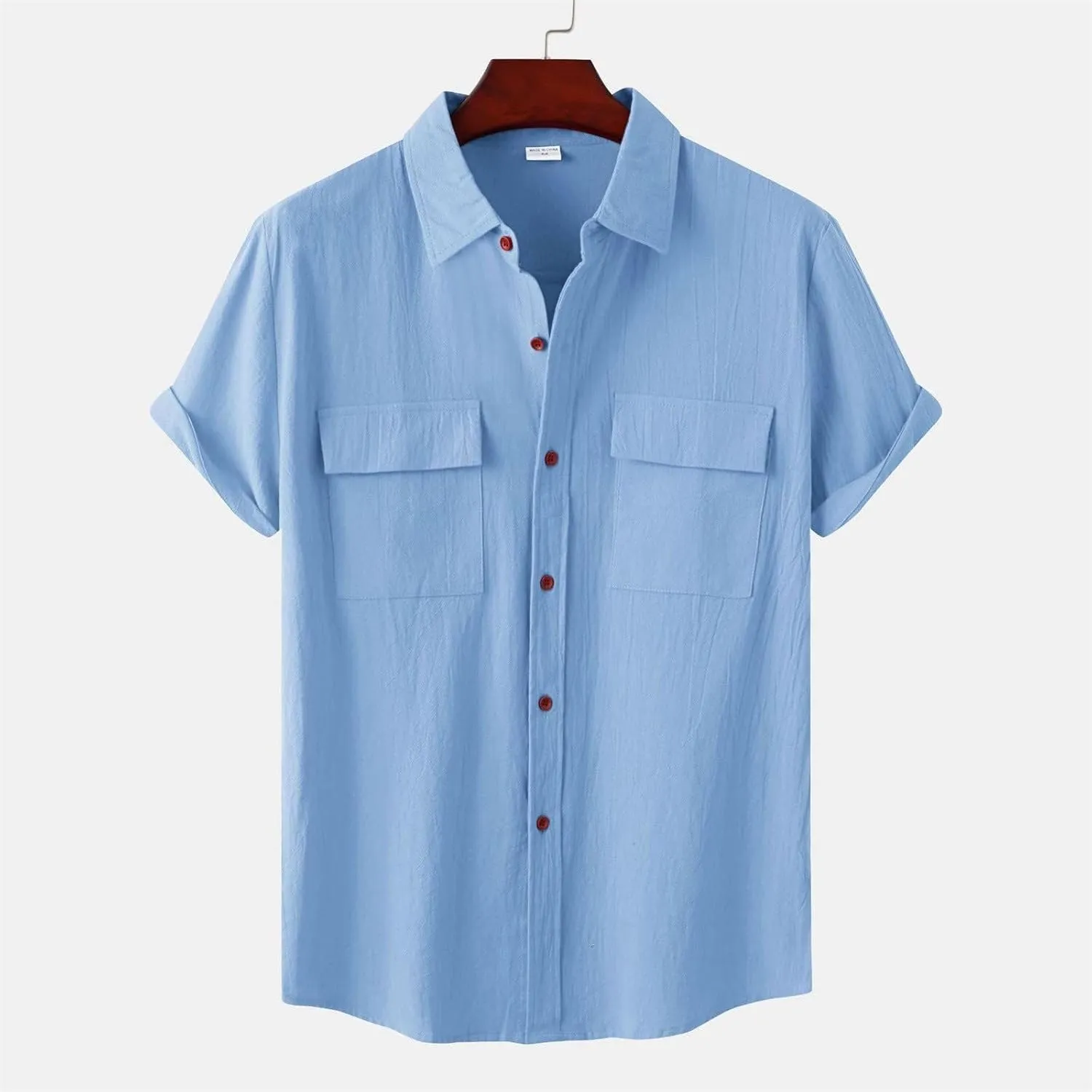 Wankang Mens Casual Button-Down Shirts Short Sleeve Linen Collared Pockets T-Shirts Summer Beach Hawaiian T Shirt for Men