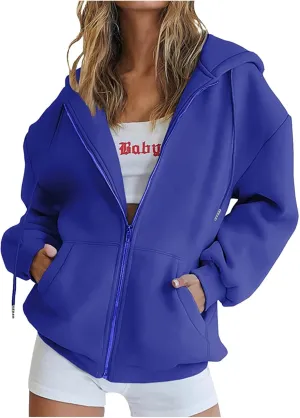 Women 2023 Sweatshirt Jackets Casual Long Sleeve Hoodies Full Zip Solid Cardigan Coats Outerwear with Pockets
