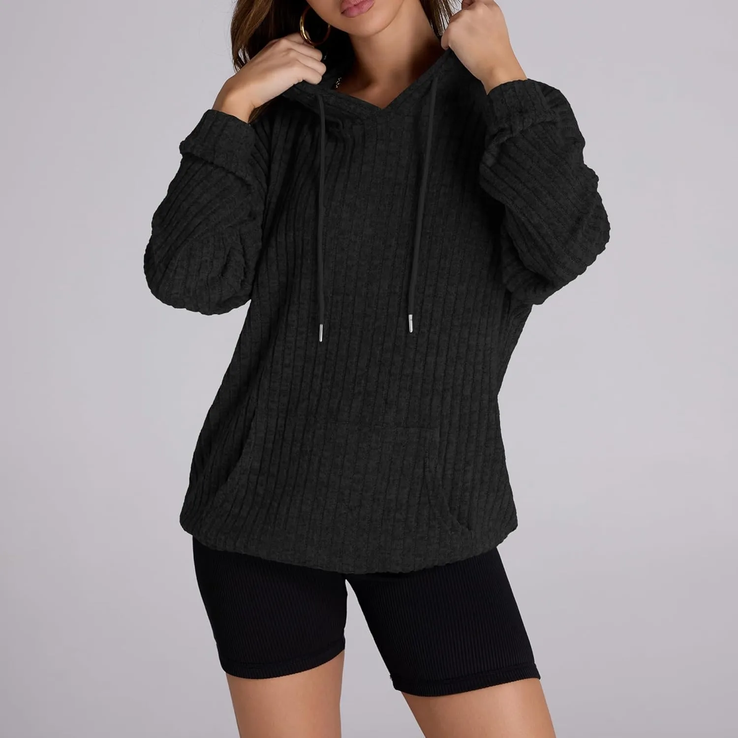 Women Hoodies Oversized Long Sleeve Drawstring Pullover Tops Basic Loose Hooded Sweatshirt with Pocket