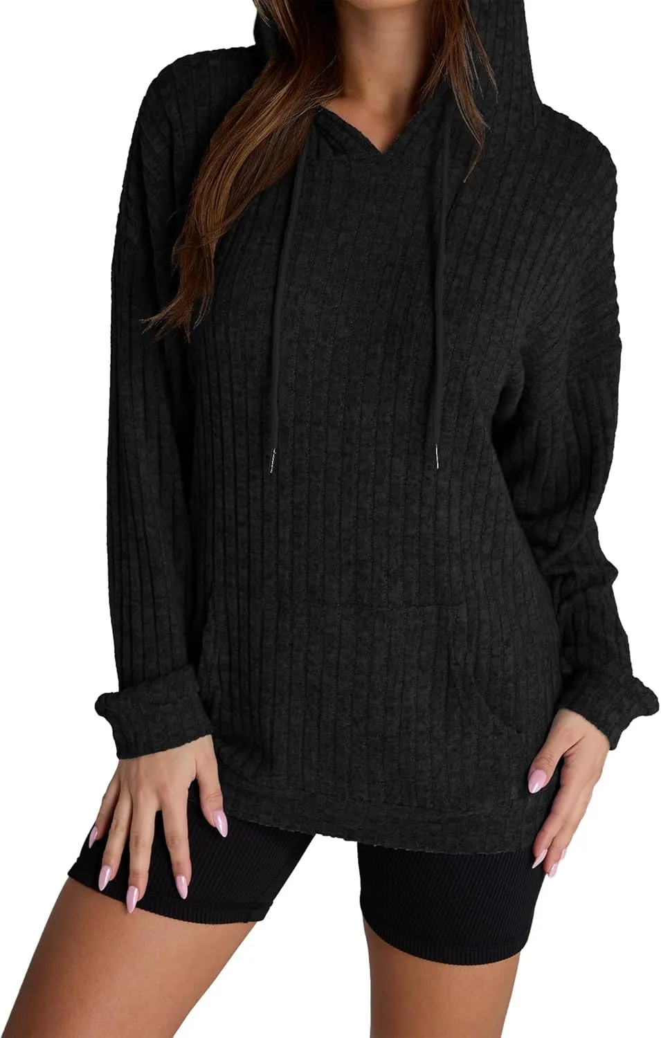 Women Hoodies Oversized Long Sleeve Drawstring Pullover Tops Basic Loose Hooded Sweatshirt with Pocket