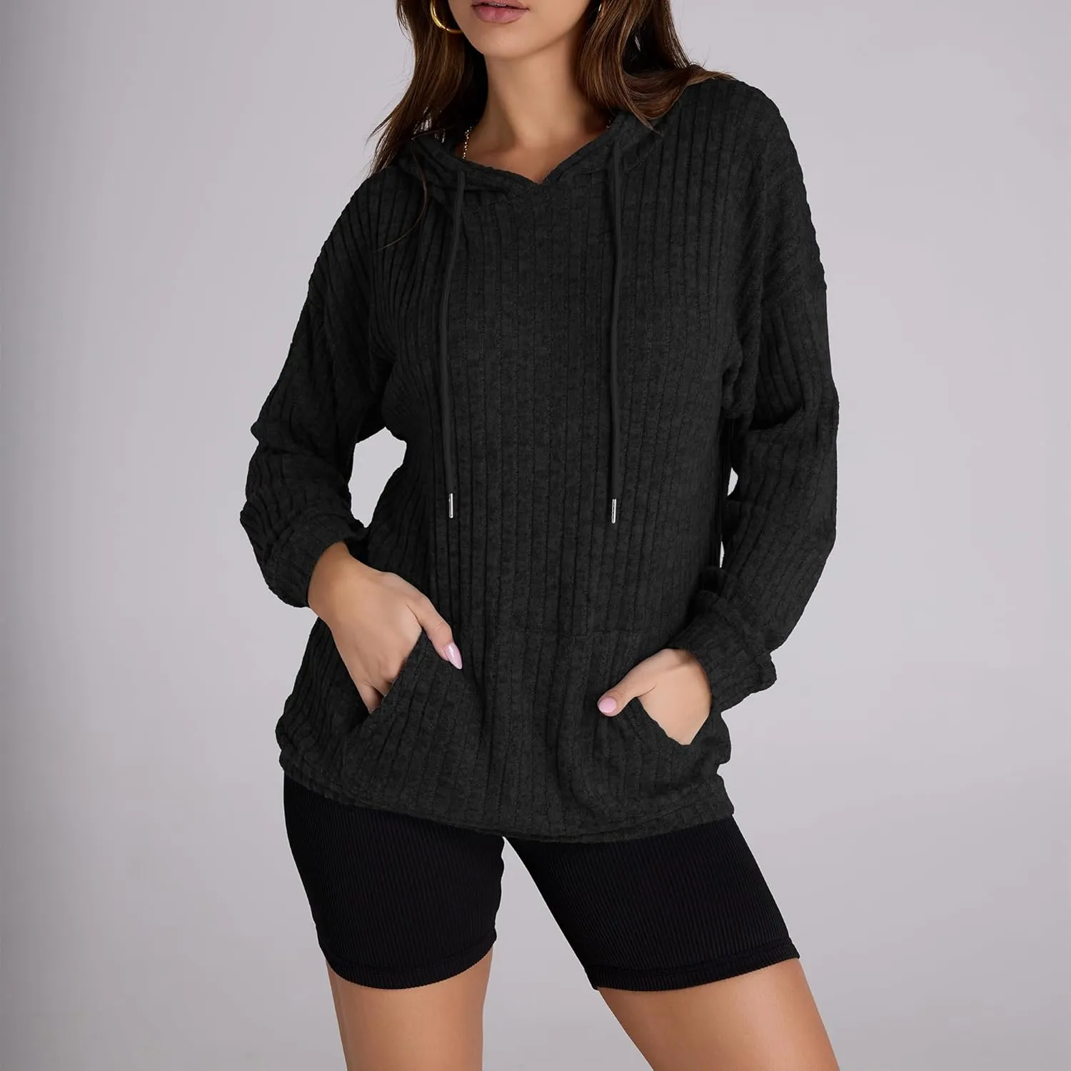 Women Hoodies Oversized Long Sleeve Drawstring Pullover Tops Basic Loose Hooded Sweatshirt with Pocket