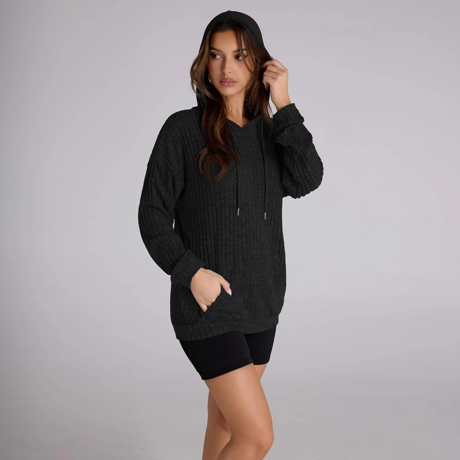 Women Hoodies Oversized Long Sleeve Drawstring Pullover Tops Basic Loose Hooded Sweatshirt with Pocket