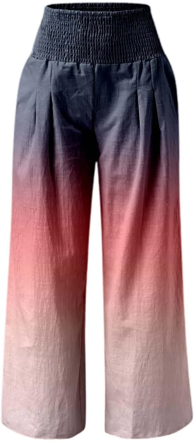 Women Linen Pants 2025 Summer Casual Loose Wide Leg Palazzo Pants Smocked High Waist Flowy Beach Trousers