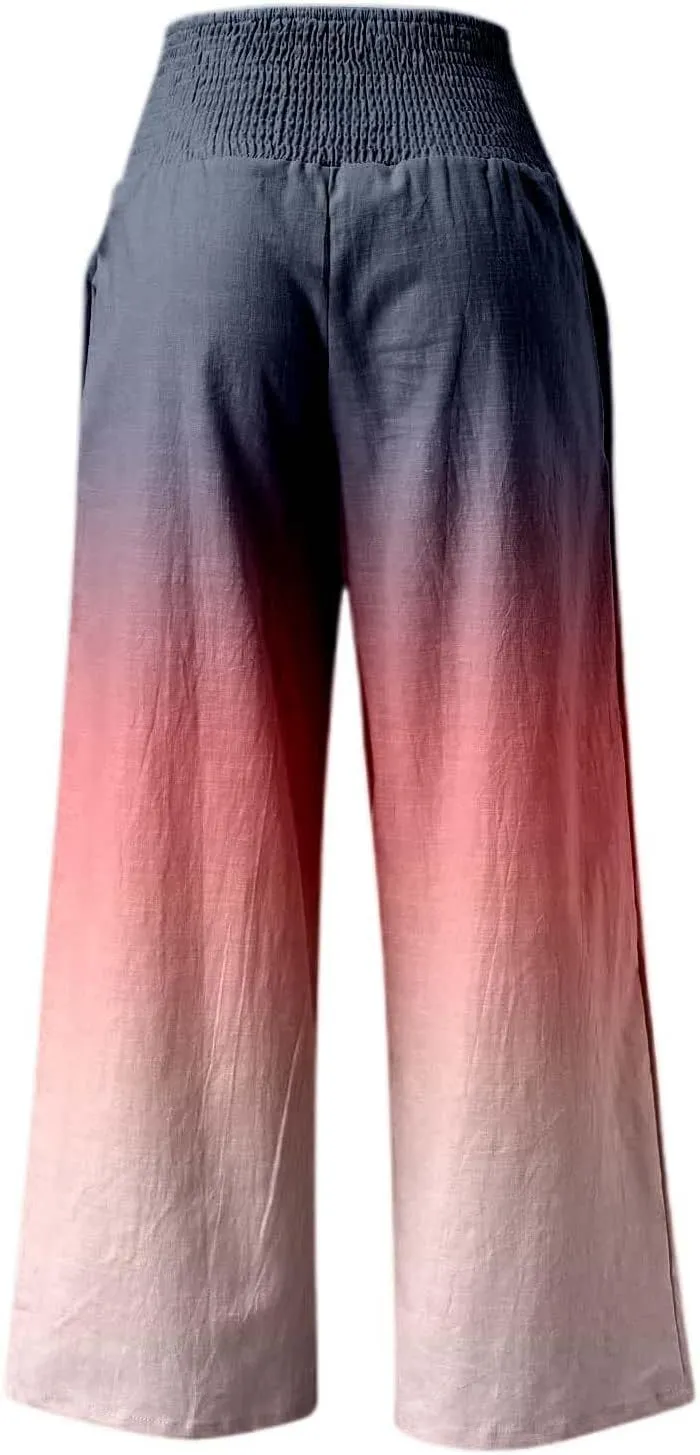 Women Linen Pants 2025 Summer Casual Loose Wide Leg Palazzo Pants Smocked High Waist Flowy Beach Trousers