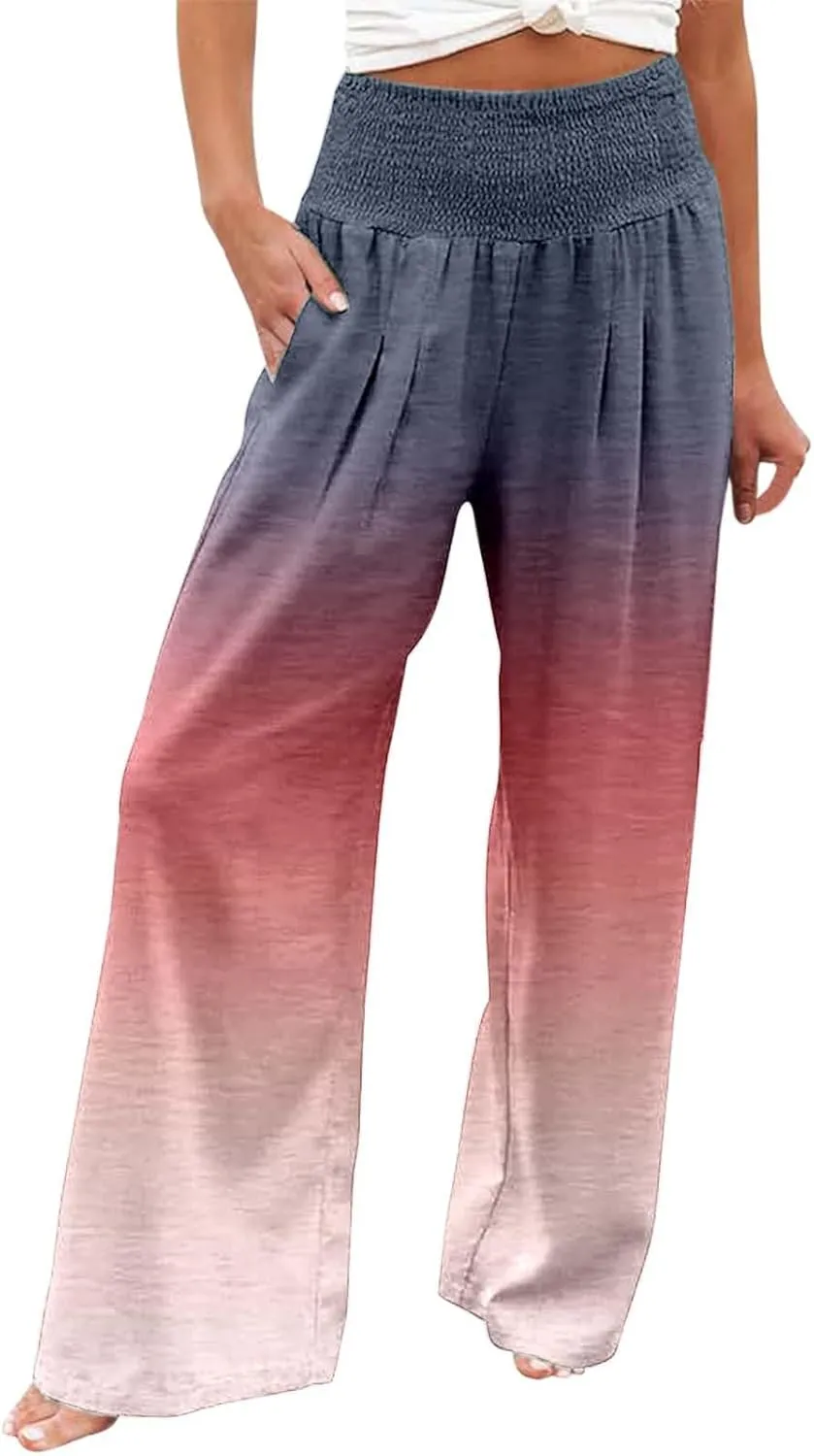 Women Linen Pants 2025 Summer Casual Loose Wide Leg Palazzo Pants Smocked High Waist Flowy Beach Trousers