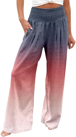 Women Linen Pants 2025 Summer Casual Loose Wide Leg Palazzo Pants Smocked High Waist Flowy Beach Trousers