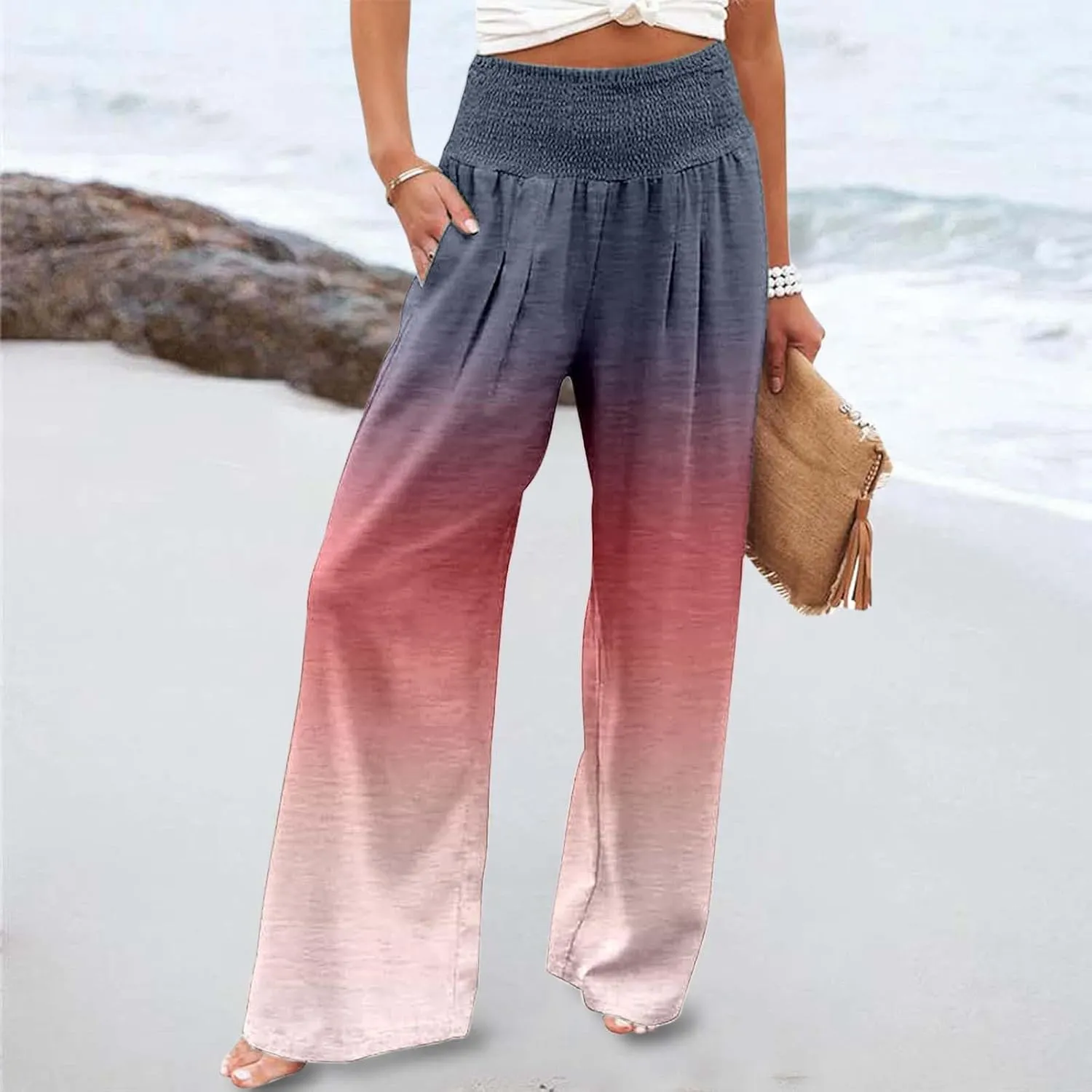 Women Linen Pants 2025 Summer Casual Loose Wide Leg Palazzo Pants Smocked High Waist Flowy Beach Trousers