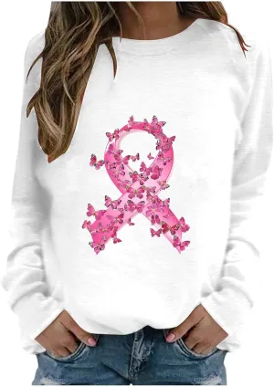 Women Oversized Sweatshirt Breast Cancer Fight Awareness Long Sleeve Crewneck Hoodies Shirts Pullover Top
