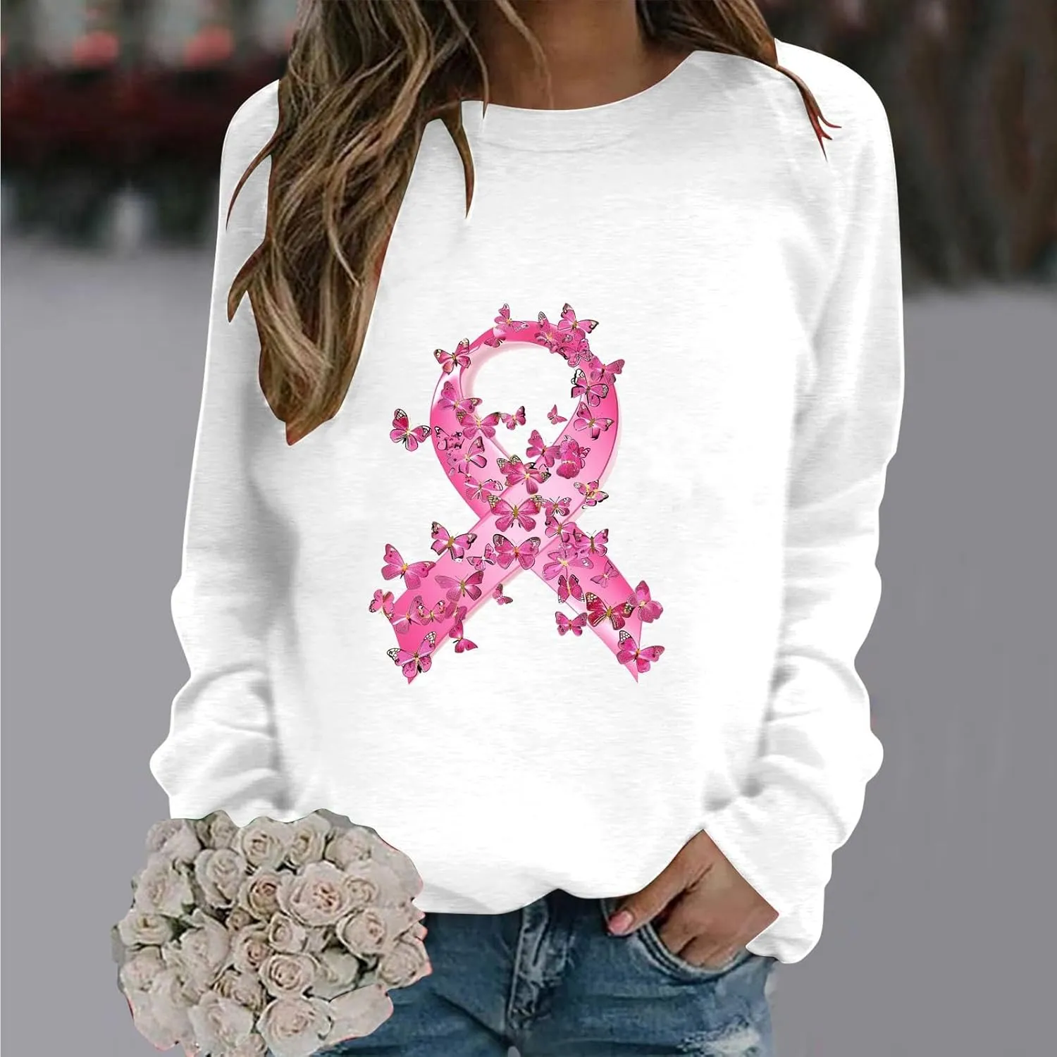 Women Oversized Sweatshirt Breast Cancer Fight Awareness Long Sleeve Crewneck Hoodies Shirts Pullover Top